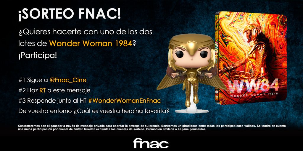 Fnac_MusicaCine's tweet photo. #WonderWoman1984 ya está disponible en #Fnac y para celebrarlo... ¿Qué mejor forma que con un sorteo? 😏

✅Sigue a @Fnac_Cine 
✅Haz RT a este mensaje
✅Responde junto al HT #WonderWoman1984EnFnac de vuestro entorno ¿Cuál es vuestra heroína favorita?
👉https://t.co/OQhwfB4vbw https://t.co/xRPuCWhGRq
