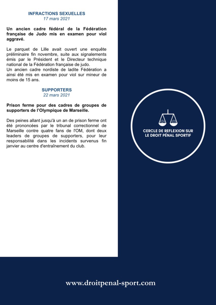 ⚽️⚖️ La seconde Newsletter de l’association ! 

Retrouvez l’essentiel des actualités pénales sportives pour le mois de mars ⤵️