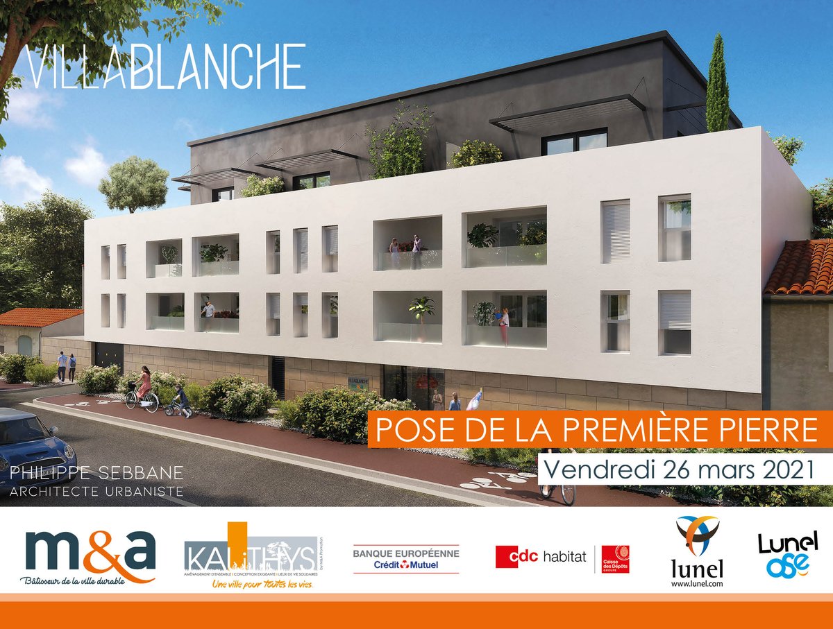 [PREMIERE PIERRE]
Ce vendredi 26 mars aura lieu la pose de la première pierre de notre résidence Villa Blanche à Lunel, en présence du Maire de la ville.
Un évènement qui symbolisera le lancement des travaux de cette résidence de 20 logements 😀