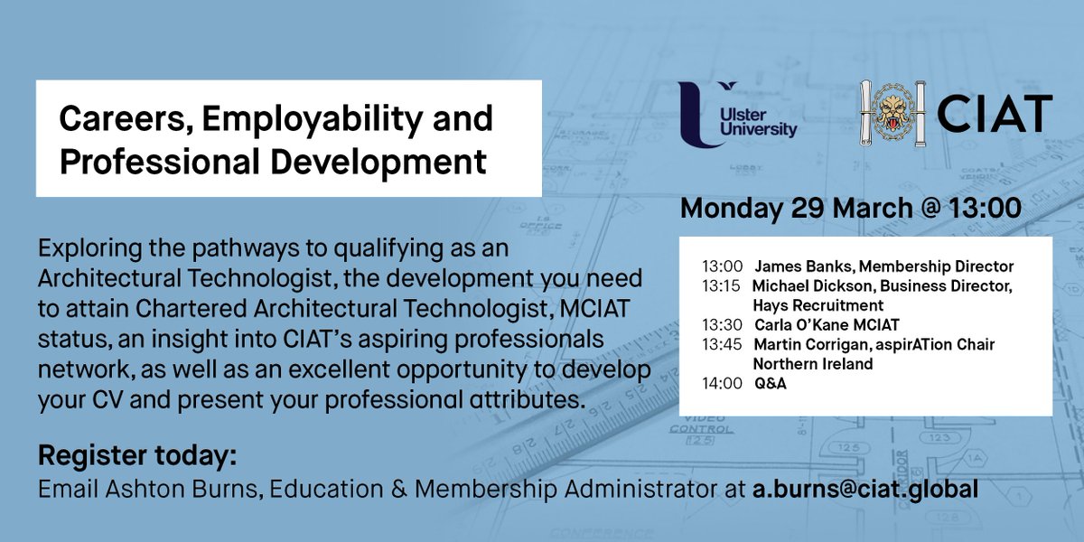 Just a quick update to make you aware of the CIAT Event hosted by Ulster University for all current students and recent (or not so recent) graduates to the CIAT - Careers, Employability and Professional Development on Monday 29 March at 13.00.
