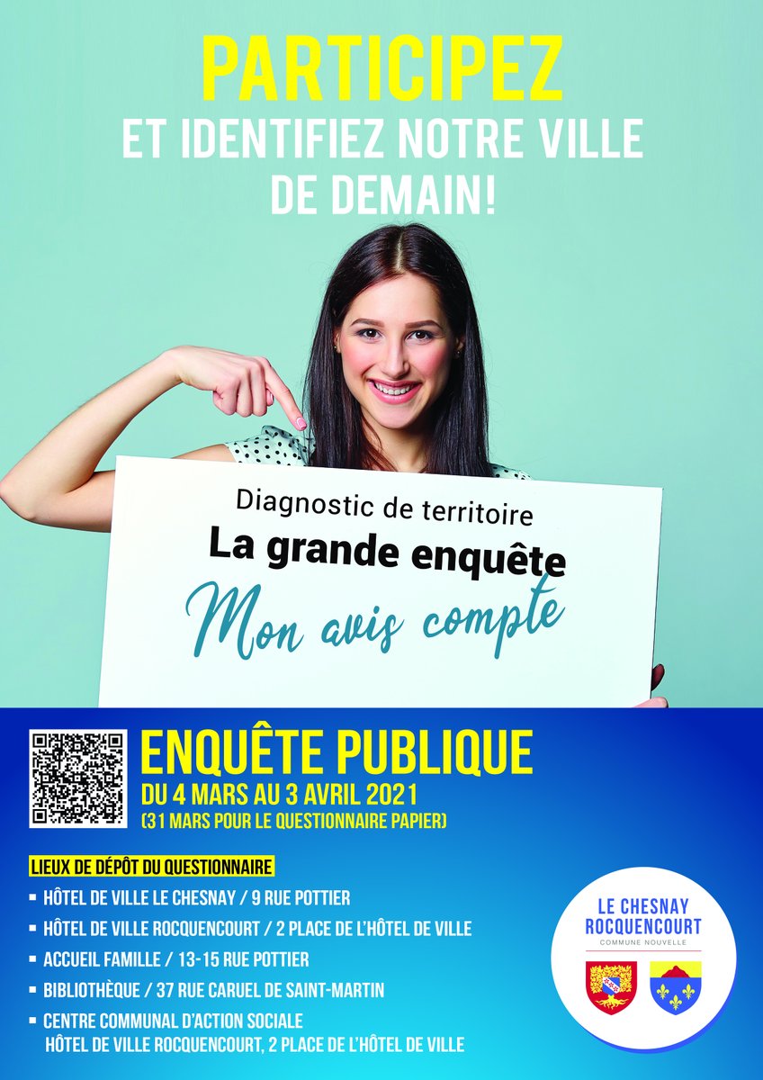 ⎜ENQUÊTE PUBLIQUE DU 4 MARS AU 3 AVRIL 2021⎜
Encore quelques jours pour répondre !
Date limite de retour : 3 avril 2021
✚ d'infos : lechesnay-rocquencourt.fr/Accueil/5/3774