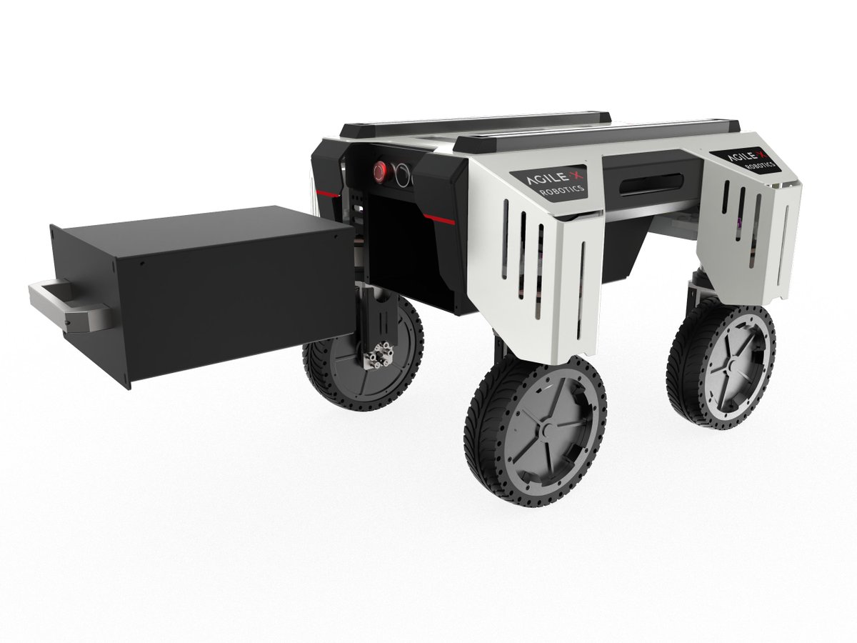 AgileX_Robotics's tweet image. We would like to announce that our first &apos;Four-Wheel-Steeing&apos; robot Ranger Mini is ready on board.
A compact body and zero turning radius to achieve 360° static steering. Four different types of driving mode, 200mm ground clearance, removeble battery. #UGV #Robot #Mobilerobot
