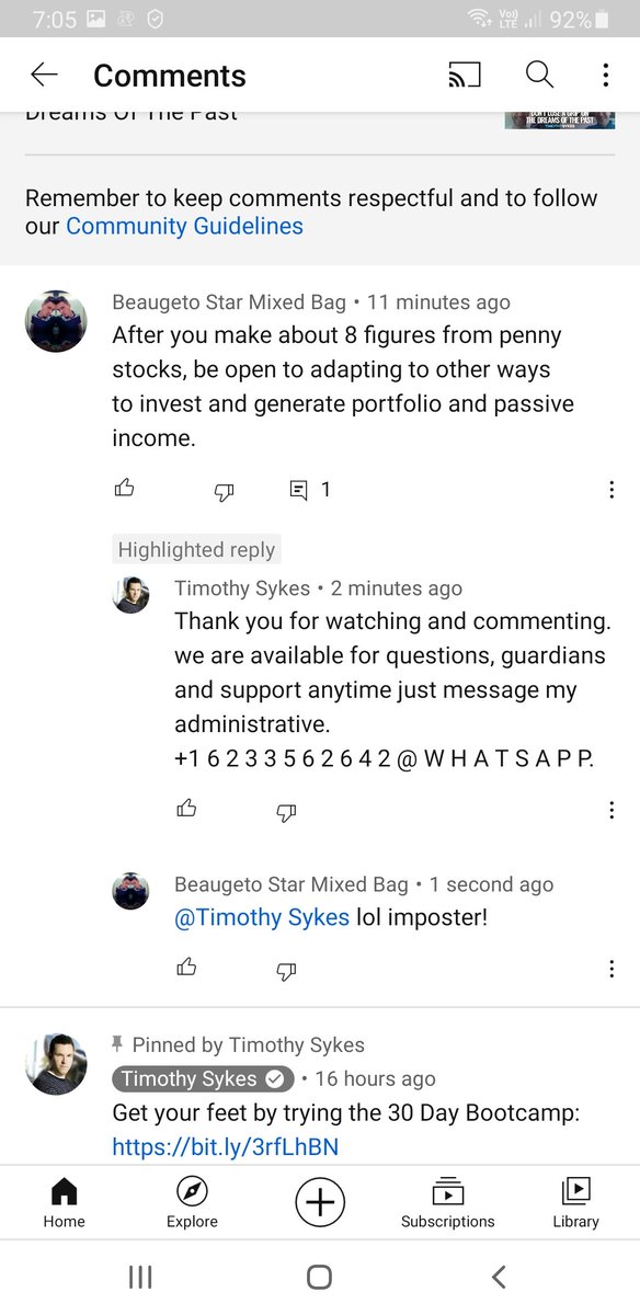 beaugeto's tweet photo. @timothysykes another imposter alert in the Youtube comments! @TessaLamping @Jackaroo_Trades https://t.co/IaNzOm4mwP