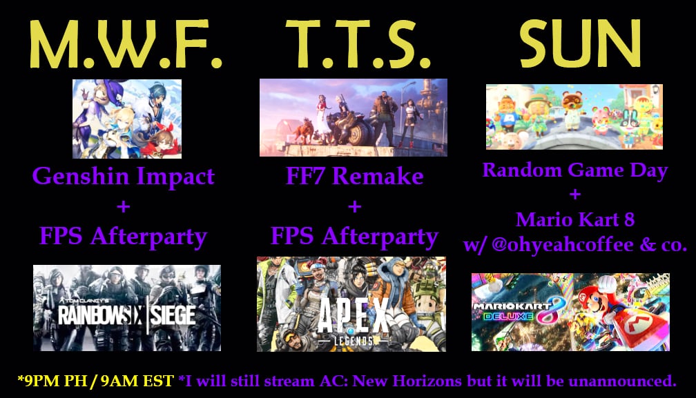 My stream schedule for the next few weeks! Hope to see you there! 😊🙏 twitch.tv/jomplayed ! #twitchaffiliate #twitchstreamer #twitchtv #genshinimpact #ff7remake #ff7 #apex #apexlegends #animalcrossingnewhorizons #animalcrossing #mariokart8 #twitchph #twitchphilippines