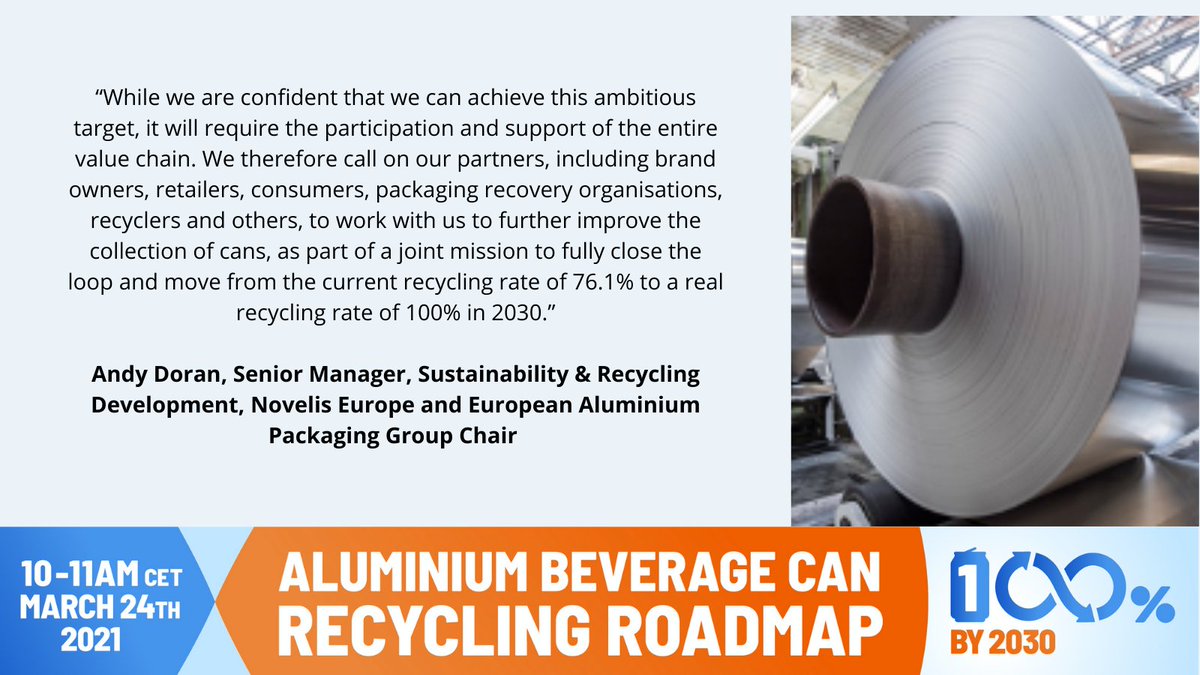 metal_packaging's tweet photo. To achieve a 100% recycling rate for #aluminium beverage cans, we need the help of the entire value chain! We all need to work together to further improve aluminium beverage can recycling rates, says @AndyDNovelis, @EU_Aluminium Packaging Group Chair

#EveryCanRecycledBy2030 https://t.co/0jOthJAIyN