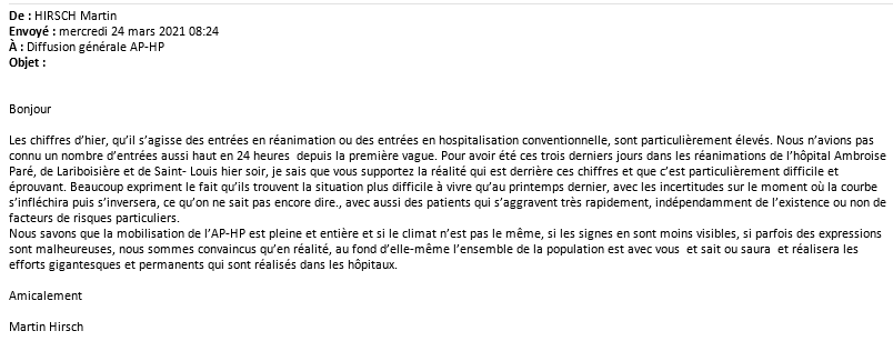Assistance Publique – Hôpitaux de Paris (AP-HP) (@aphp) on Twitter photo "Les chiffres d’hier qu’il s’agisse des entrées en réa ou en hospitalisation conventionnelle sont particulièrement élevés. Nous n’avions pas connu un nombre d’entrées aussi haut en 24 h depuis la 1ère vague". Message de <a href="/MartinHirsch/">Martin Hirsch</a> aux professionnels de l'AP-HP ce 24 mars matin "Les chiffres d’hier qu’il s’agisse des entrées en réa ou en hospitalisation conventionnelle sont particulièrement élevés. Nous n’avions pas connu un nombre d’entrées aussi haut en 24 h depuis la 1ère vague". Message de <a href="/MartinHirsch/">Martin Hirsch</a> aux professionnels de l'AP-HP ce 24 mars matin