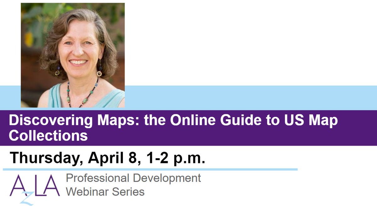 azlalib's tweet photo. Free webinar! Christine Kollen, librarian at the UofA Libraries' Office of Innovation &amp; Stewardship, shares an interactive map-based directory from ALA's Map &amp; Geospatial Information Round Table. Locate and promote maps with ease!  Register today!
https://t.co/Rx1CeEHMhw https://t.co/3M1t3hlWPF