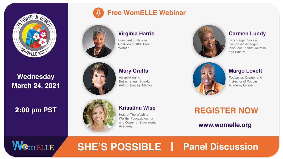 CarmenLundy's tweet photo. Wed. 3/24 at 2p PT Iβll be on a distinguished panel of powerful businesswomen, free webinar @womelle Register https://t.co/xcXwODHijL @MargoLovett #virginiaharris #marycrafts #krisstinawise #shespossible #WomensHistoryMonth https://t.co/sCcoVPfsFx