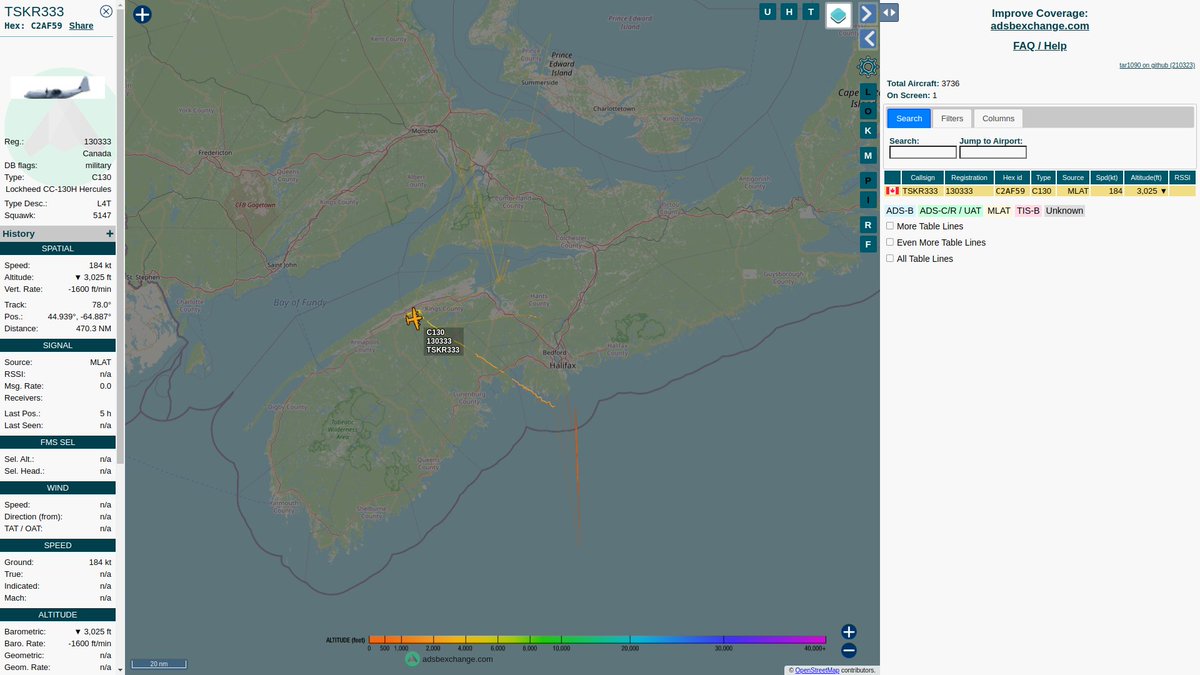 steffanwatkins's tweet photo. 🇨🇦 Royal Canadian Air Force CC-130H Hercules 130333 was geolocated using its assigned transponder identifier; first time since January.
Maybe #413SQN have changed their ways?
🤷♂️
👉 https://t.co/W3xSw7VmHS
#C2AF59 #RCAF #ModeS #MLAT #TSKR333 https://t.co/yBDAbQwvys