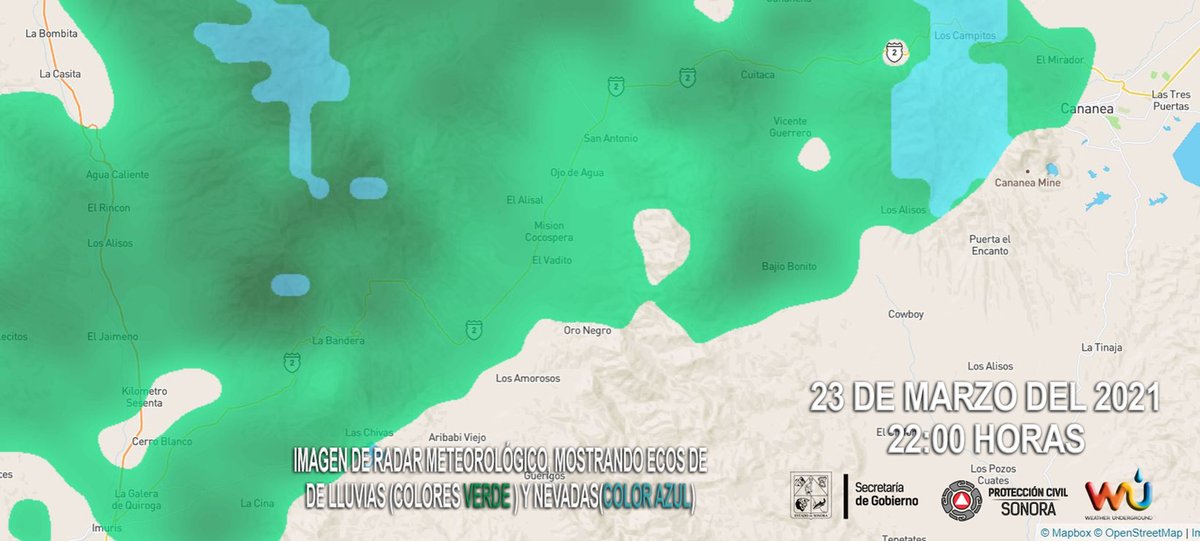 cepcsonora's tweet photo. AVISO CARRETERO:23 marzo 22:00 h Radar detecta lluvias dispersas y nevada puerto Cananea en el tramo Imuris-Cananea de la carretera MX02 por lo que se sugiere conducir con extrema precaución. Importante atender señalamientos y recomendaciones de autoridades. #PonteListo https://t.co/C6cUqDyxxz
