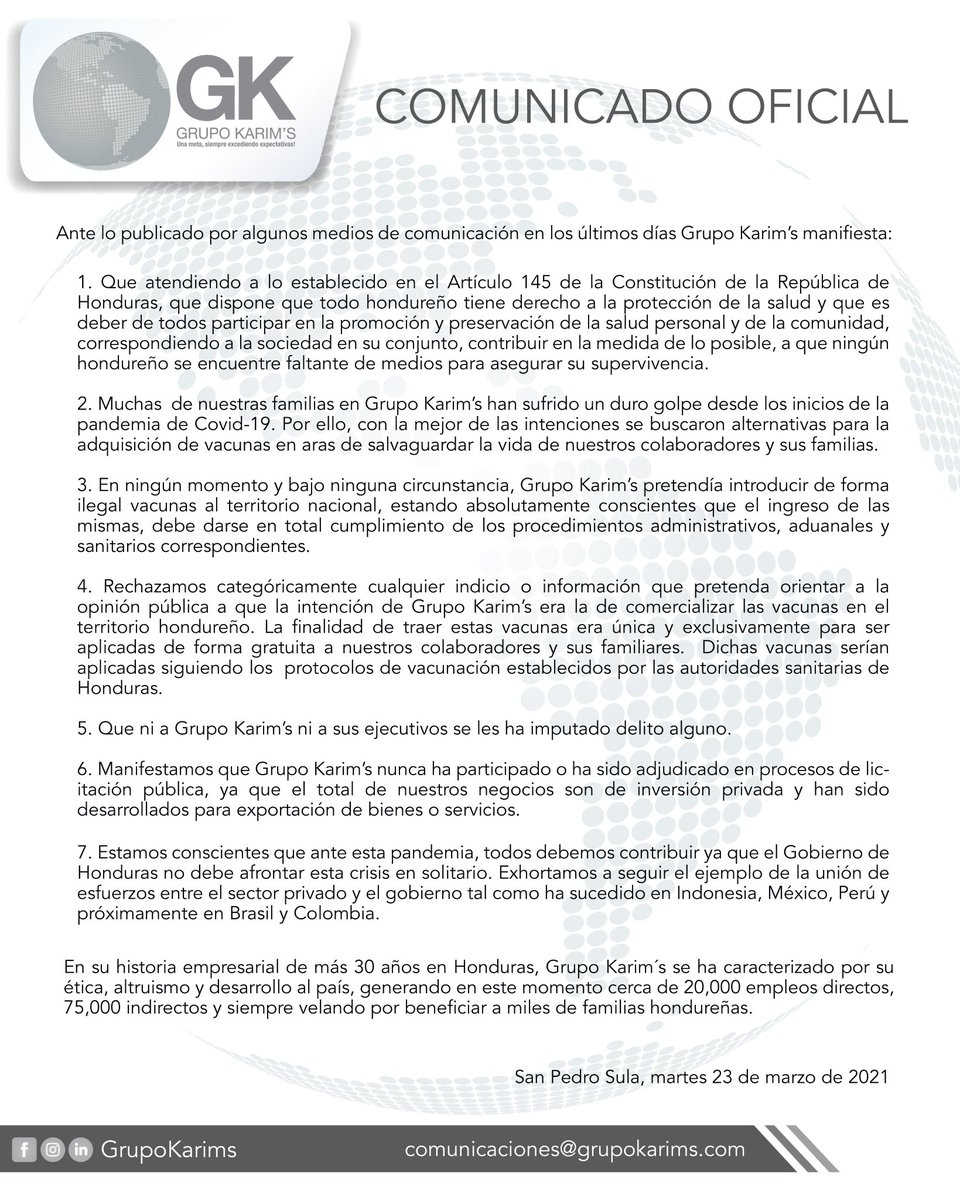 Whitney_Godoy's tweet photo. 2/5  @grupokarims emite un comunicado ocho días después de haber sido detenidos sus ejecutivos con más de 5 mil vacunas de forma ilegal, señalan que eran para sus empleados para garantizar el derecho de la salud, sin mencionar en ningún momento que eran FALSAS. https://t.co/4tyGTpsWm7