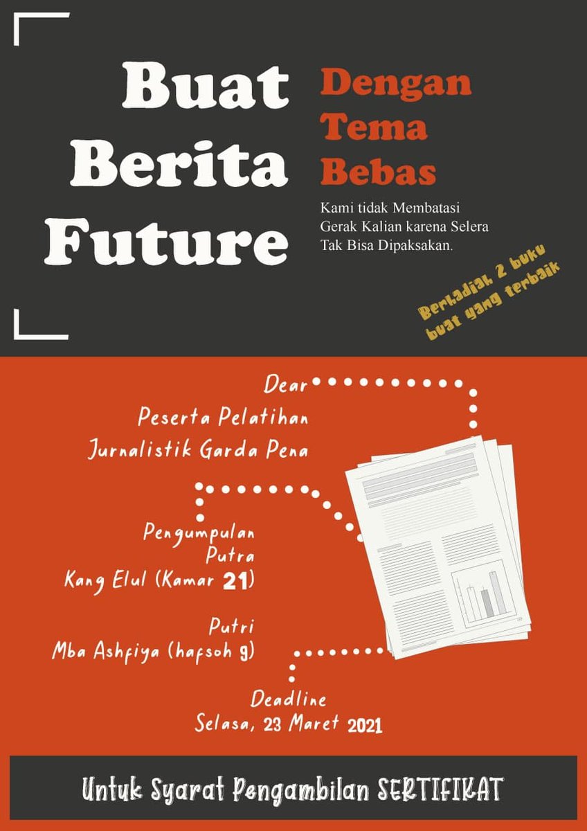 narasigardapena's tweet photo. Yuk menulis.

Bagi segenap rekan-rekan yang mengikuti PJTD-TL 2021 kemarin, mari berkreasi membuat berita future.

#narasi #gardapena #mahasantri #staiwar #PJTD-TL https://t.co/sV9WB9Hvrj