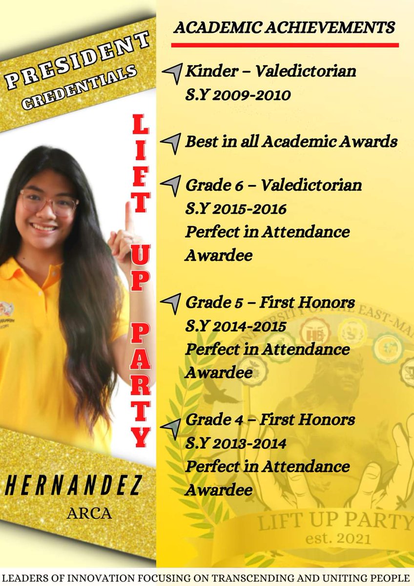 LiftupParty's tweet photo. Phoemela Arca Hernandez for President and here is her credentials!

#PHOEMELAparaPRESIDENTE
#PHOEMELA1AngInyongKailangan
#PHOEMELA2KayoPriorityNito
#PHOEMELA3DiringginAngStudentry
#LiftUpParaSaHinaharap
#SaLiftUpLahatAangat https://t.co/da2hAigpd6