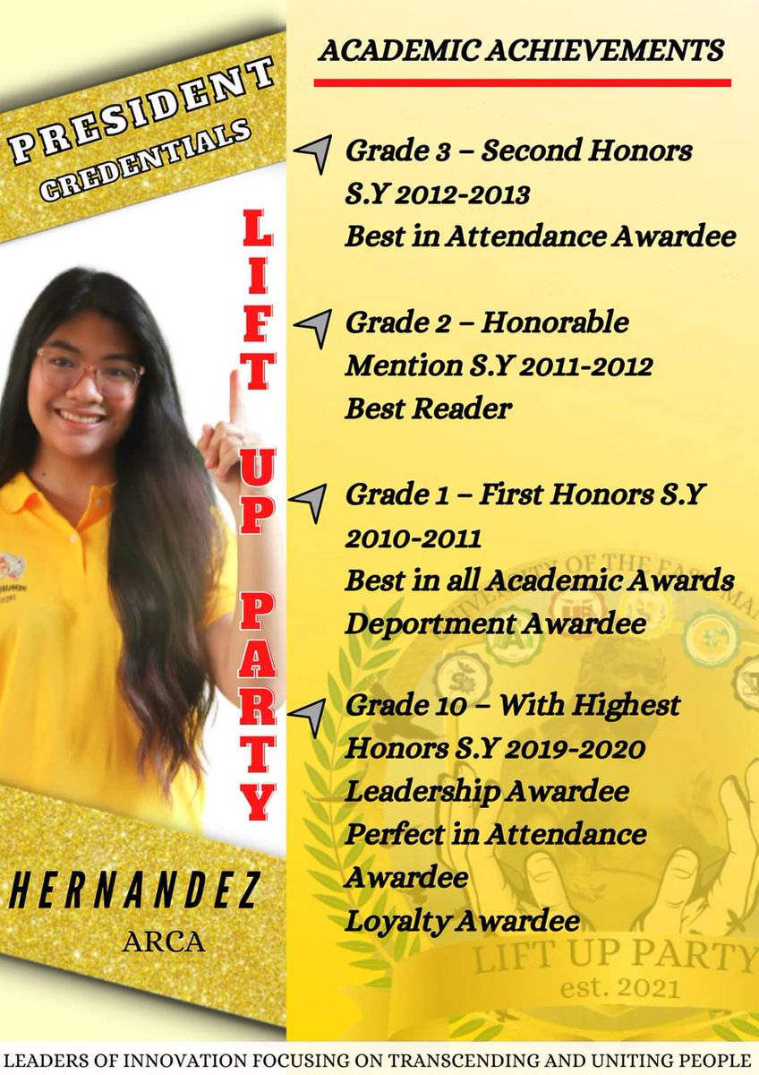LiftupParty's tweet photo. Phoemela Arca Hernandez for President and here is her credentials!

#PHOEMELAparaPRESIDENTE
#PHOEMELA1AngInyongKailangan
#PHOEMELA2KayoPriorityNito
#PHOEMELA3DiringginAngStudentry
#LiftUpParaSaHinaharap
#SaLiftUpLahatAangat https://t.co/da2hAigpd6