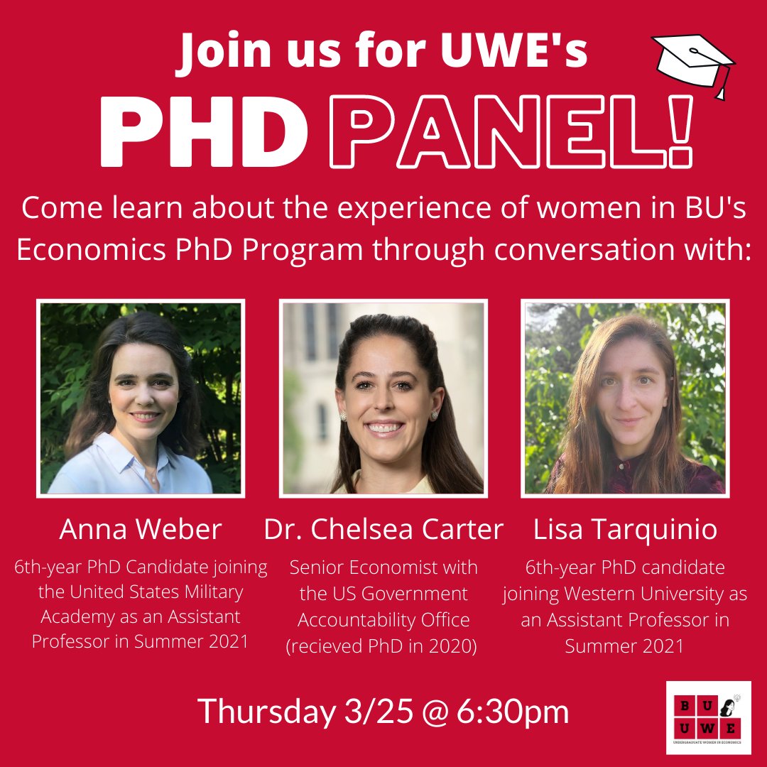 BostonU_UWE's tweet photo. Join us this Thursday @ 6:30 to hear from a panel of current/past BU PhD students @Anna_Weber @TarquinioLisa and Dr. Chelsea Carter! We're so grateful for their time and cannot wait for a great Q&amp;A convo https://t.co/4JrroFAqux