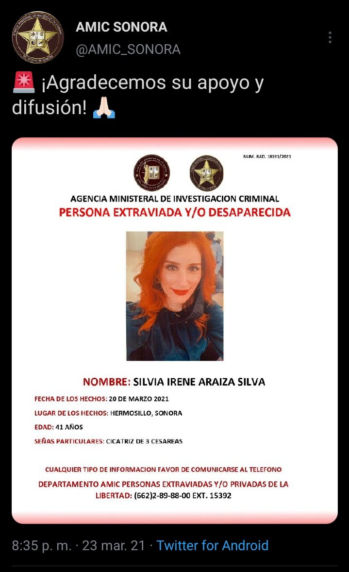 La fiscalía a través de la cuenta <a href="/AMIC_SONORA/">AMIC SONORA</a> público este tweet, desconocemos la razón por eliminarlo pero hay denuncia interpuesta por privación ilegal de la libertad. 

NUC 012/13324/21