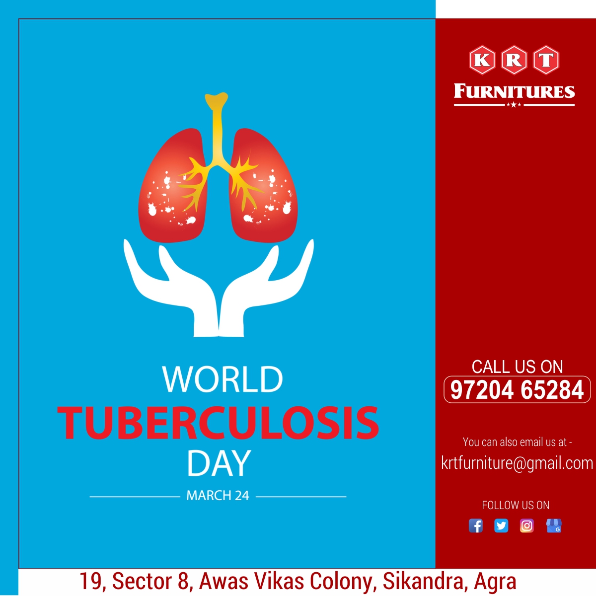 FurnitureKrt's tweet photo. World Tuberculosis Day 
24 March 2021

+91 97204 65284
krtfurniture@gmail.com
19, Sector 8, Awas Vikash Colony Agra.

#tuberculosis #covid #hiv #tb #tbc #endtb #aids #coronavirus #hivawareness #arv #hivaidsawareness #nostigmahiv #kds #hivjakarta #puskesmas #aidsawareness https://t.co/c9Fs0NHUCO