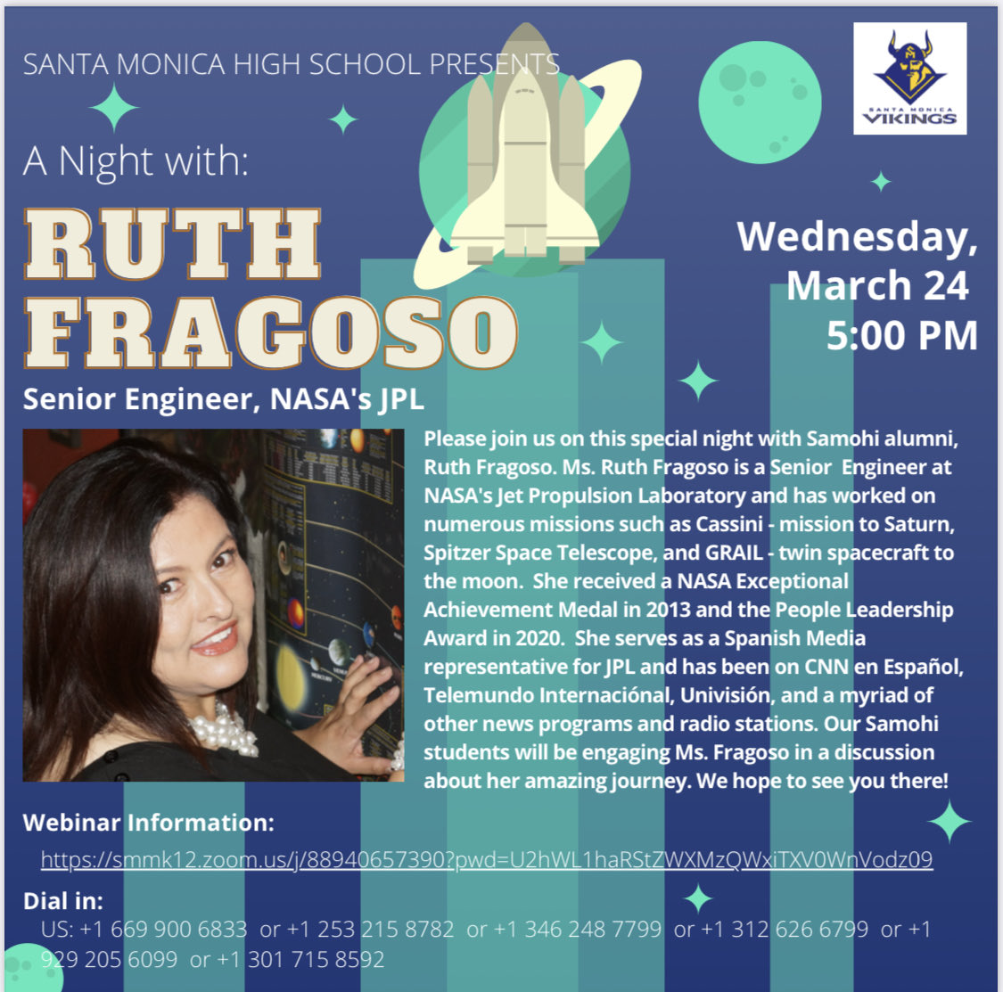 Dr_AShelton's tweet image. Samohi welcomes you to a conversation with JPL/NASA Engineer and Samohi Alum Ruth Fragoso Wednesday March 24 at 5:00 pm. ⁦@SMMUSD⁩
