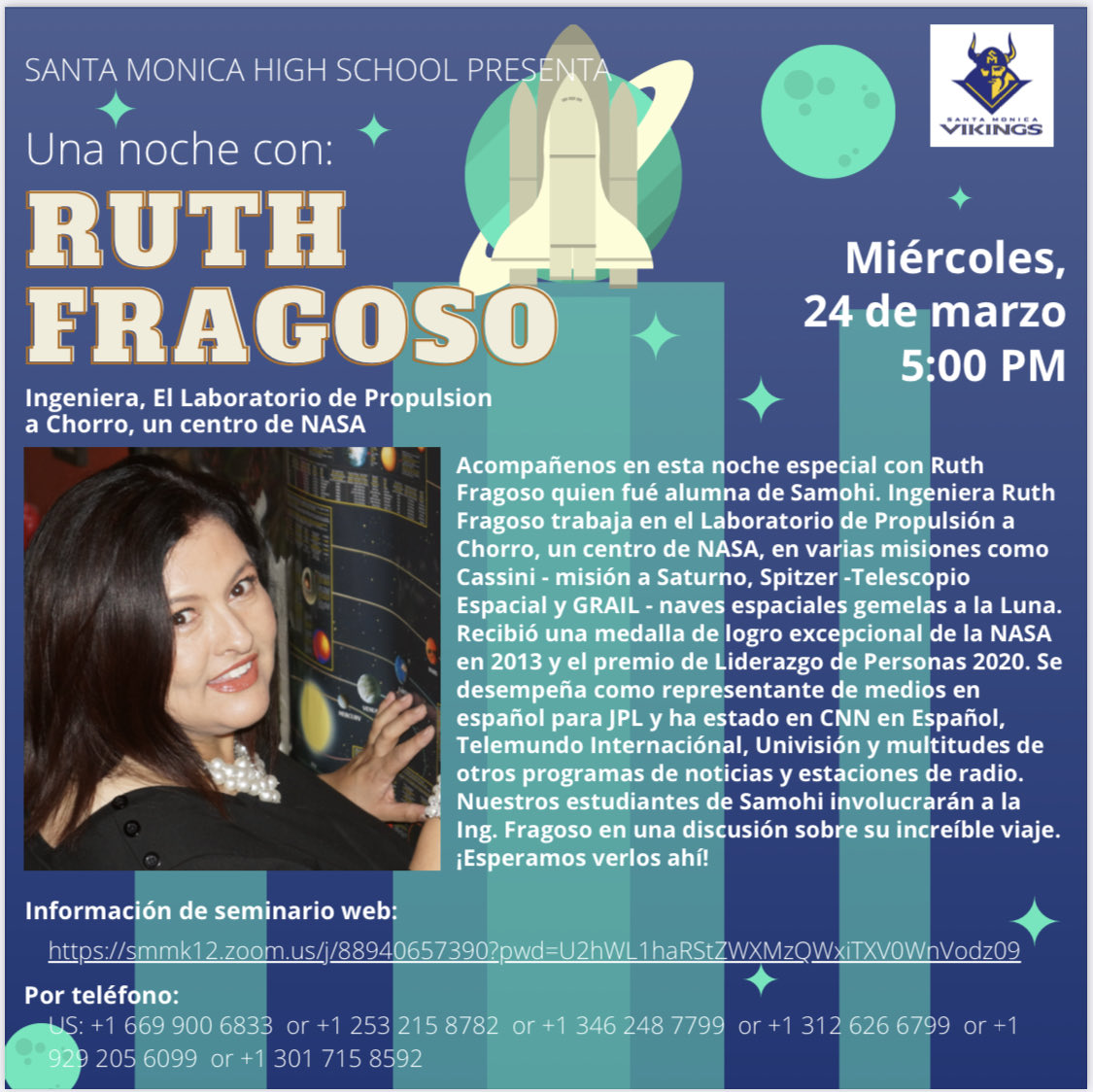 Dr_AShelton's tweet image. Samohi welcomes you to a conversation with JPL/NASA Engineer and Samohi Alum Ruth Fragoso Wednesday March 24 at 5:00 pm. ⁦@SMMUSD⁩