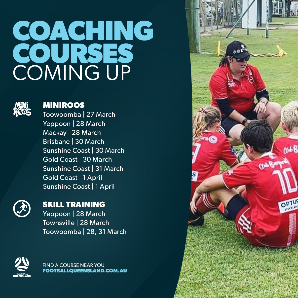 Whether you're taking on a local team or kicking off a career, there's coaching course for you! ⚽

Opportunities are coming up soon in Brisbane, Gold Coast, Mackay, Sunshine Coast, Toowoomba, Townsville and Yeppoon.

Find a coaching course near you 👉 bit.ly/CoachCourse