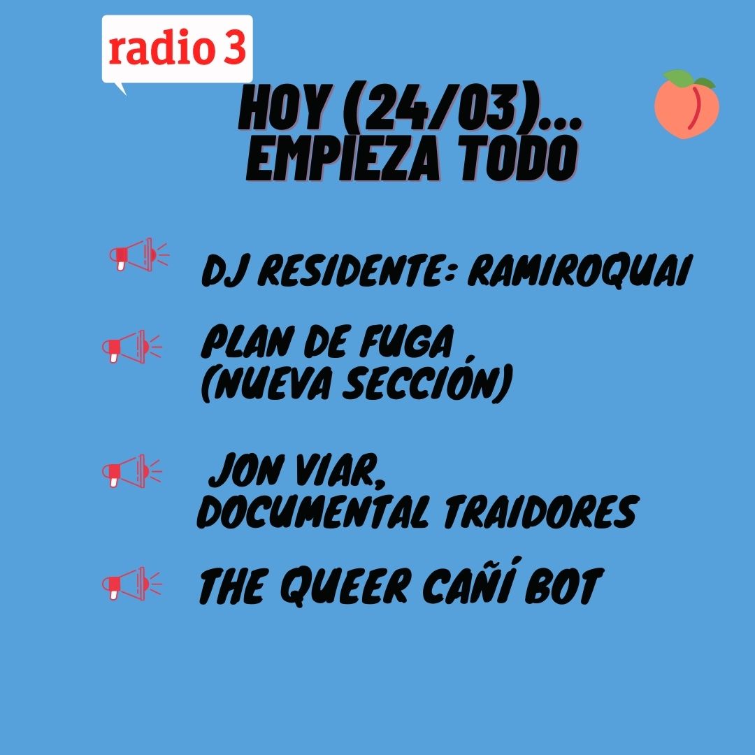 . <a href="/Clara_vilar_/">Clara.</a> se quiere fugar (luego os lo explicamos)
Pero nos dice que antes se queda al programa de hoy con <a href="/JonViar1985/">Jon Viar</a> y <a href="/thequeercanibot/">Lidia García 🌈the queer cañí bot💃</a> 
🌈🌈🌈