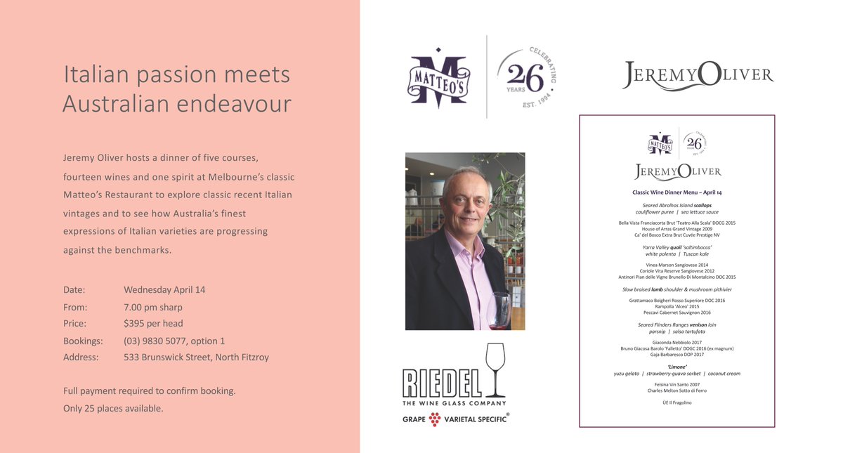 Jeremy_Oliver's tweet photo. Here's advance notice of a dinner I'm hosting at Matteo's Restaurant at which we will be checking in with how six of the finest Australian wines from Italian varieties and others grown there perform in the company of eight Italian thoroughbreds...plus an amazing Italian spirit. https://t.co/kksF4CDGn4