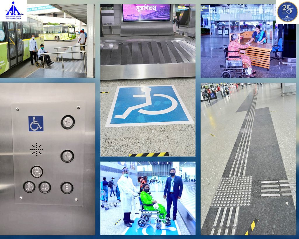 We are committed to #UniversalAccessibility & taking forward the mandate of #AccessibleIndia PRM friendly retiring room,tactile floor studs,low height flight information display,fluorescent paint in staircases,wheelchair friendly help desk have been provided at #KolkataAirport.