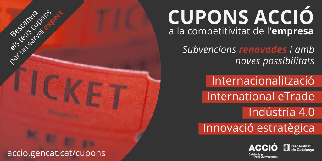 accio_cat's tweet photo. ⚡ La convocatòria 2021 dels #CuponsACCIÓ és a punt d’obrir-se amb noves modalitats. 

✔️ Internacionalització
✔️ International eTrade
✔️ Indústria 4.0
✔️ Innovació estratègica

Tria el teu cupó i prepara’t per sol·licitar-lo! ⤵️
https://t.co/pFJUkpqiUj https://t.co/rP7yqkJnXd