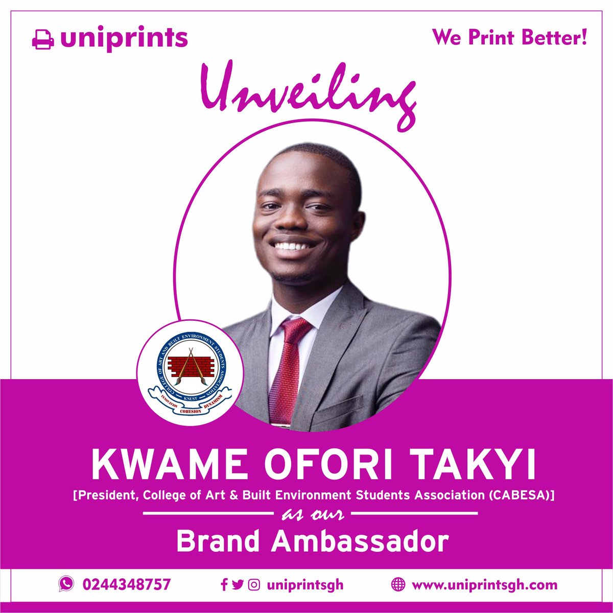 uniprintsgh's tweet photo. Officially unveiling KWAME OFORI TAKYI (President, College of Art and Built Environment Students Association) @kwametakyi13 as one of our brand AMBASSADORS on campus. This is for all the 11 departments under CABESA @cabesaknust. #uniprintsgh #WePrintBetter #KNUST #CABESA_KNUST https://t.co/NHypmYn6Eq
