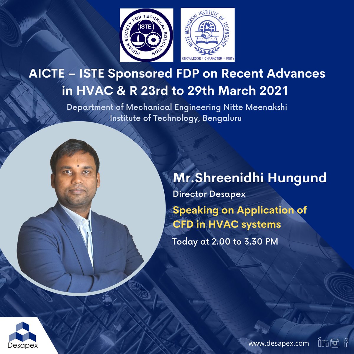 desapex's tweet photo. AICTE – ISTE Sponsored FDP on Recent Advances in HVAC &amp; R 23rd to 29th March 2021. Mr.Shreenidhi Hungund Director Desapex, Speaking on Application of CFD in HVAC systems.
https://t.co/dmUcKmnytb
#hvacsystems #digitization #digitalengineering #Digitalconstruction #Desapex https://t.co/yeVgklXYh0