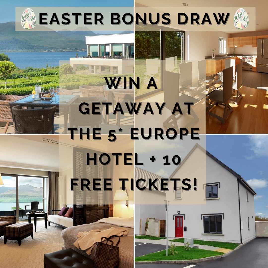 DreamKerryHome1's tweet photo. 🐣 EASTER BONUS DRAW 🐣
Enter our Barraduff Community Field Organisation #WinADreamKerryHome fundraiser by April 5th and you could 🎉 WIN A GETAWAY AT THE 5* EUROPE HOTEL + 10 FREE TICKETS 🎉You never know, it could be you to #WinADreamKerryHome for just €100! https://t.co/70ujLmVtVd