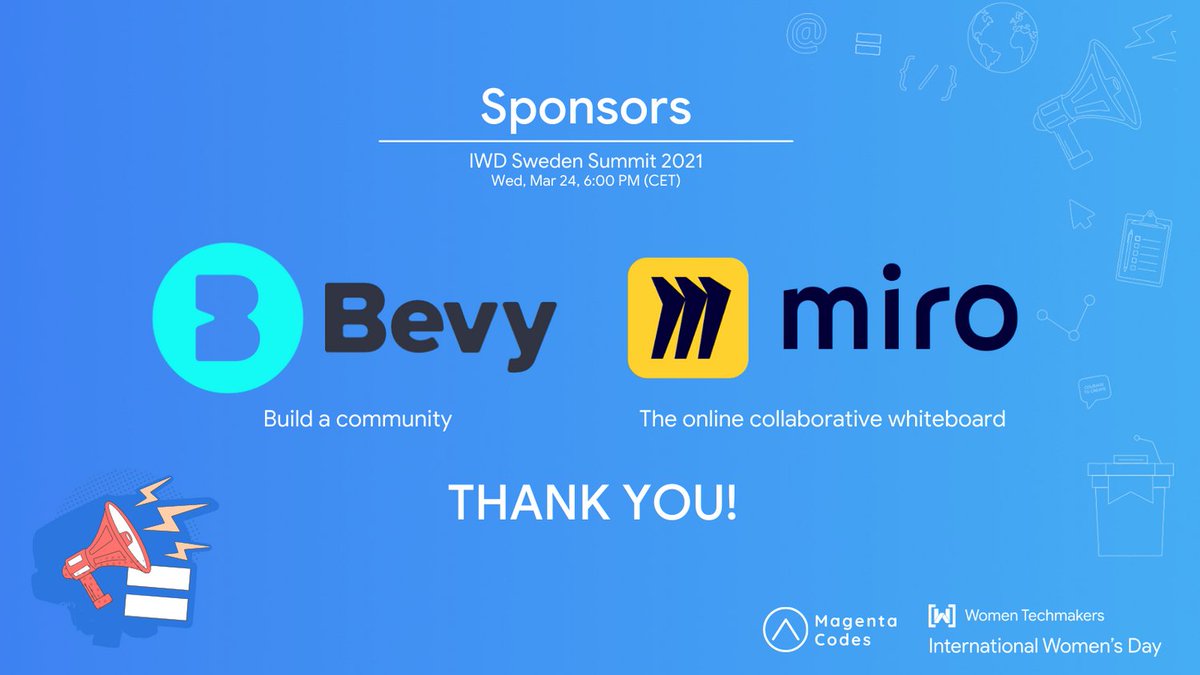 MagentaCodes's tweet photo. 🎉 Who’s ready for International Women’s Day 2021?! Join us to create this unique #IWD moment with our community TODAY Women #CourageToCreate 💕!

👉 https://t.co/N1pmtdOCRB

Thank you @BevyHQ,  @MiroHQ for supporting us.

@WomenTechmakers @googledevs #womenintech #WomenInSTEM https://t.co/Co1sEuxOZP