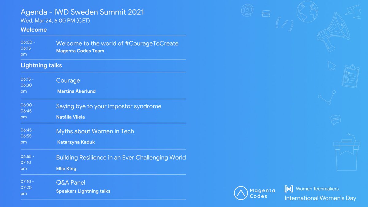 MagentaCodes's tweet photo. 🎉 Who’s ready for International Women’s Day 2021?! Join us to create this unique #IWD moment with our community TODAY Women #CourageToCreate 💕!

👉 https://t.co/N1pmtdOCRB

Thank you @BevyHQ,  @MiroHQ for supporting us.

@WomenTechmakers @googledevs #womenintech #WomenInSTEM https://t.co/Co1sEuxOZP