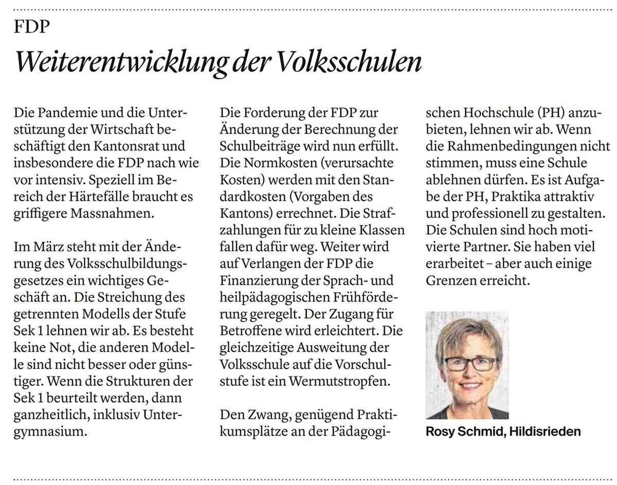 Wohin geht unsere Volksschule?

Für die Märzsession 2021 plant der Regierungsrat einschneidende Massnahmen für die Volksschule. Was sagt der Kantonsrat dazu? Kurzbeitrag der FDP.Die Liberalen. https://rosy-schmi