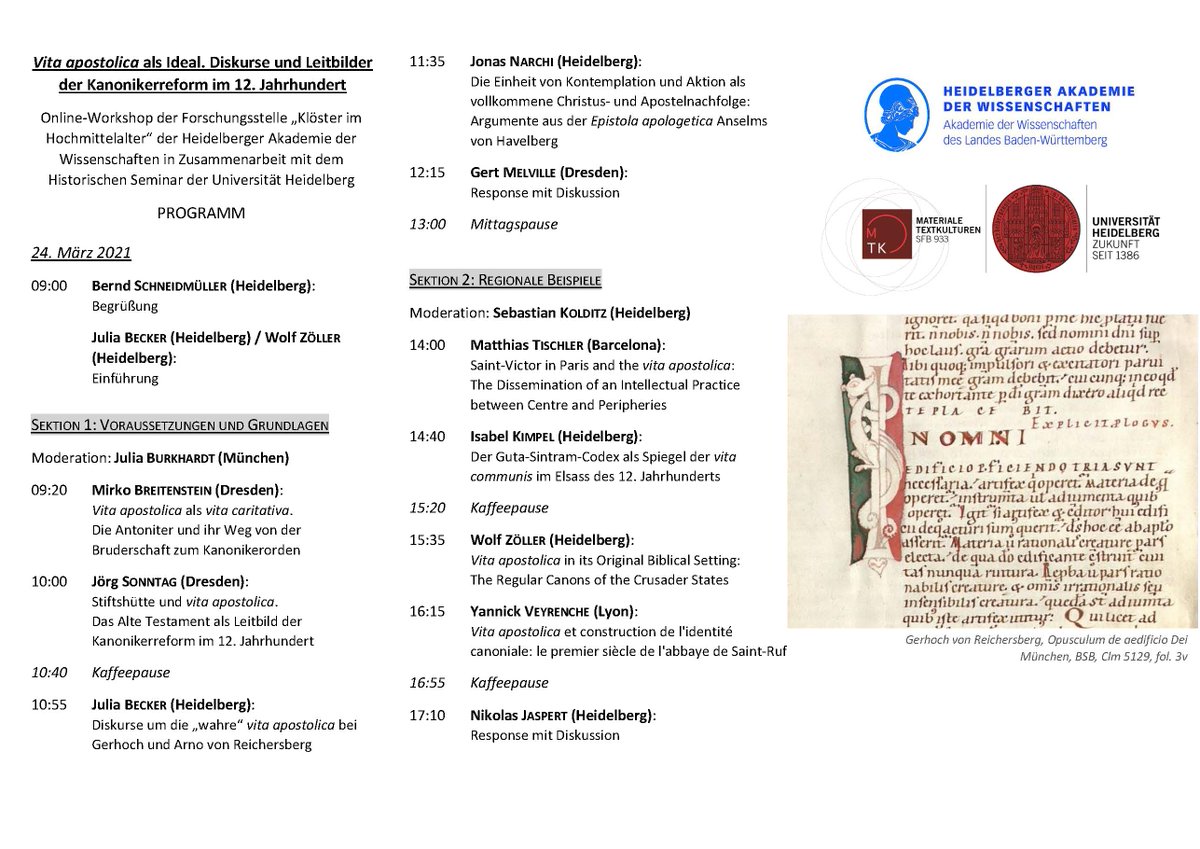 FOVOG_TUD's tweet photo. On March 24, 2021 a workshop on "Vita apostolica als Ideal. Diskurse und Leitbilder der Kanonikerreform im 12. Jahrhundert" will take place. More details and registration options can be found https://t.co/mgmWSyLSTJ
#FOVOG #HistMonast #HistCanonica https://t.co/QnThemBSO5