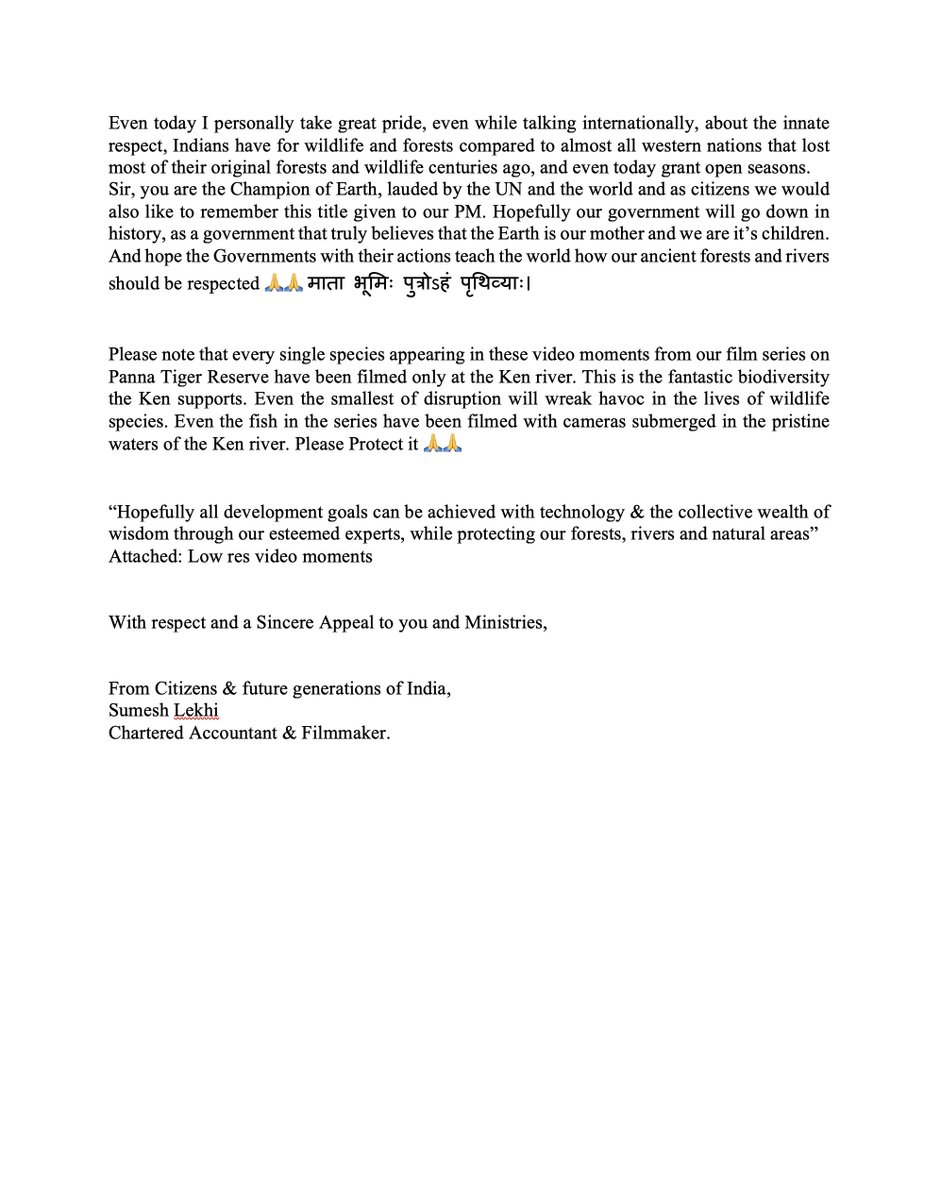 sumeshlekhi's tweet photo. Dear Mr.@narendramodi sincere Appeal to order protection of #savepanna #savekenriver UntouchedPristine KenRiver/forests-species/humans depend on it @ARanganathan72 @TVMohandasPai @Swamy39 @smritiirani @M_Lekhi @CMMadhyaPradesh @myogiadityanath @ShefVaidya #kamalnath @navikakumar https://t.co/CesPAeHA34