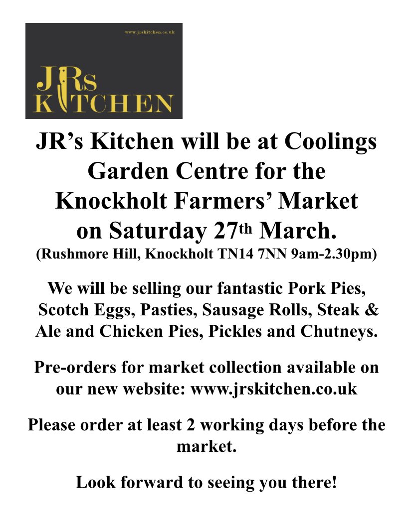 jeremy_ridley's tweet photo. JR’s Kitchen will be at Coolings garden centre this Saturday for the Knockholt Farmers Market. You can pre-order for collection on our website or come and see us on Saturday #jrskitchen #handmade #kentfood #kfma #knockholtfarmersmarket #coolingsgardencentre https://t.co/OyGipiGjmL
