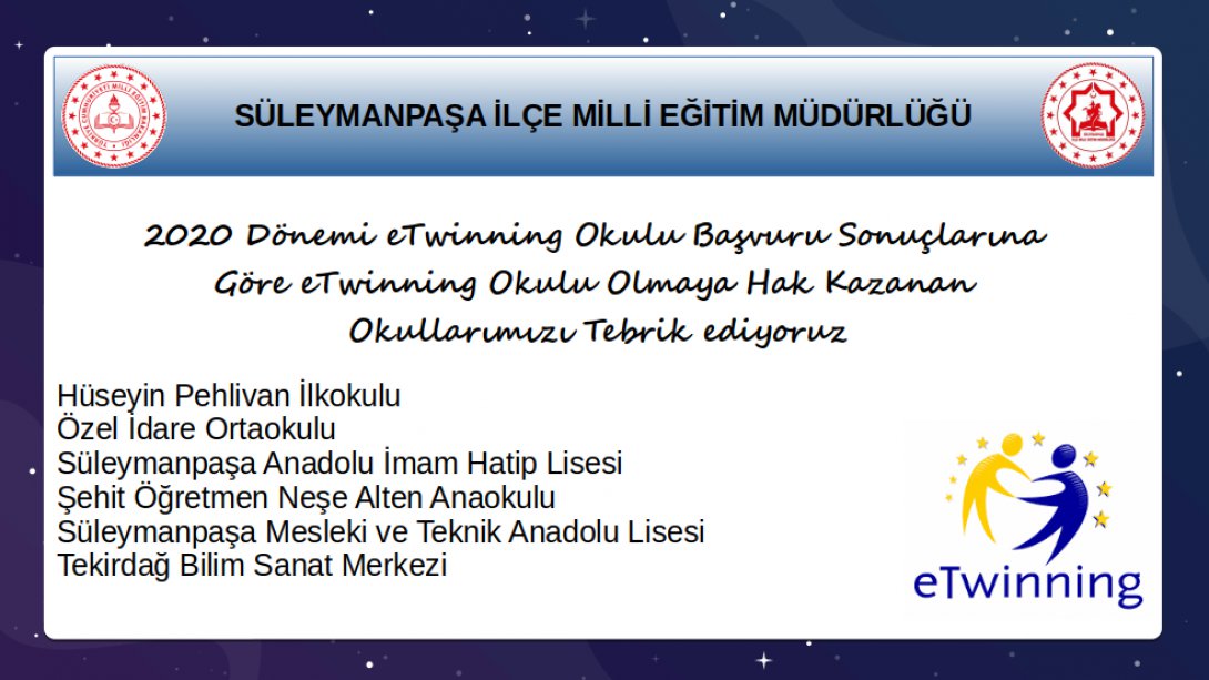eTwinning Okulu Olmaya Hak Kazanan Okullarımızı Tebrik Ediyoruz

<a href="/ebubekir_atilla/">Ebubekir ATİLLA 🇹🇷🇹🇷🇹🇷</a> <a href="/ersanulusan/">Ersan Ulusan</a> <a href="/tcmeb/">Millî Eğitim Bakanlığı</a>