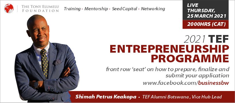 explorebots's tweet photo. #Botswana, do you need #business training and #Funding for your powerful ideas? @TonyElumeluFDN
Has a programme just for you. 

#businessbw #southaAfrica #Namibia #zambia #Lesotho
@TefConnect @BWGovernment @CEDA_BW @myscbw https://t.co/ZKjcWpseBn