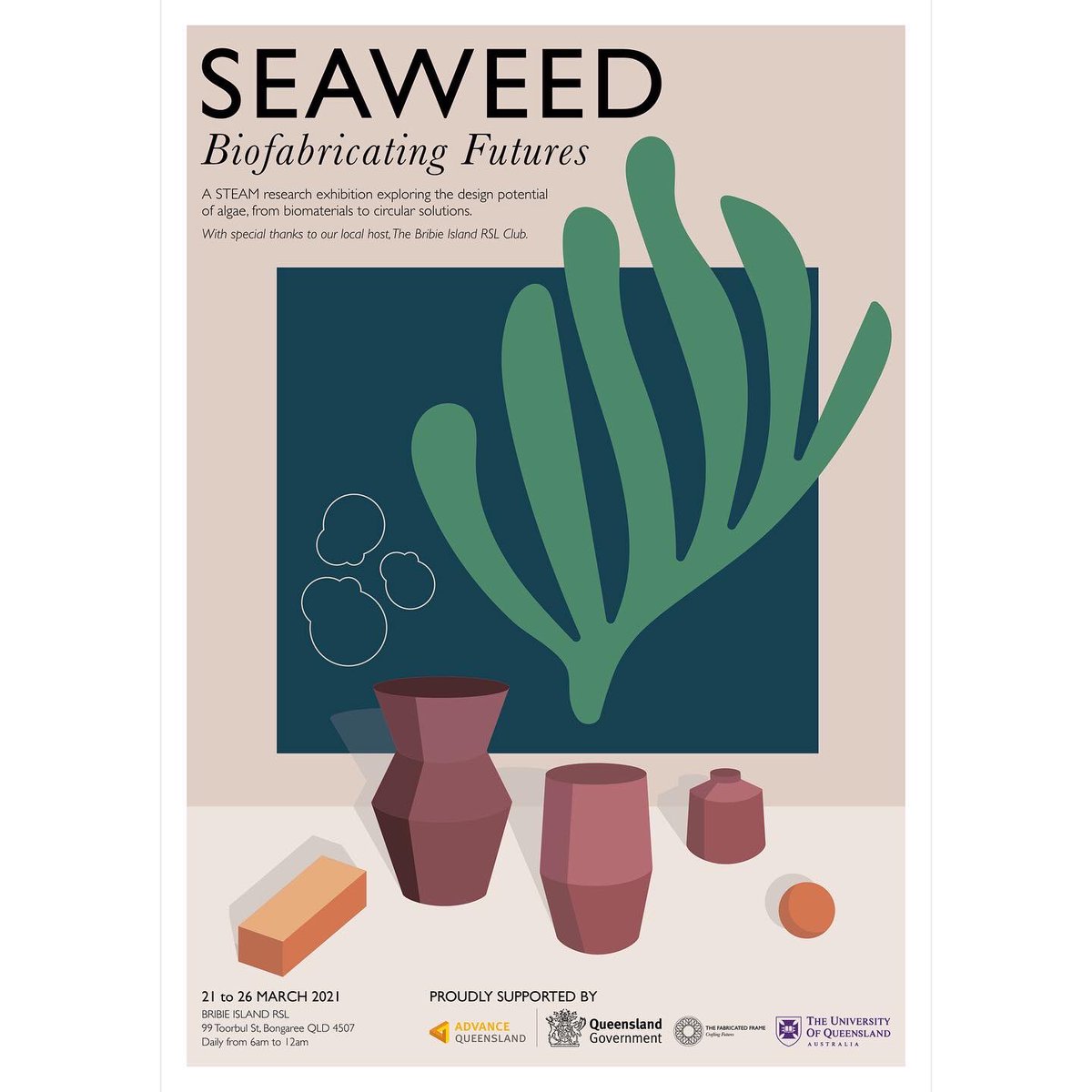 The SEAWEED | Biofabricating Futures exhibition is live at the Bribie Island RSL until Friday 26 March. On show is a range of bioplastics, developed using seaweed. 

Supported by an Advance Queensland Engaging Science Grant provided by the Queensland Government. <a href="/UQArchitecture_/">UQ Architecture</a>