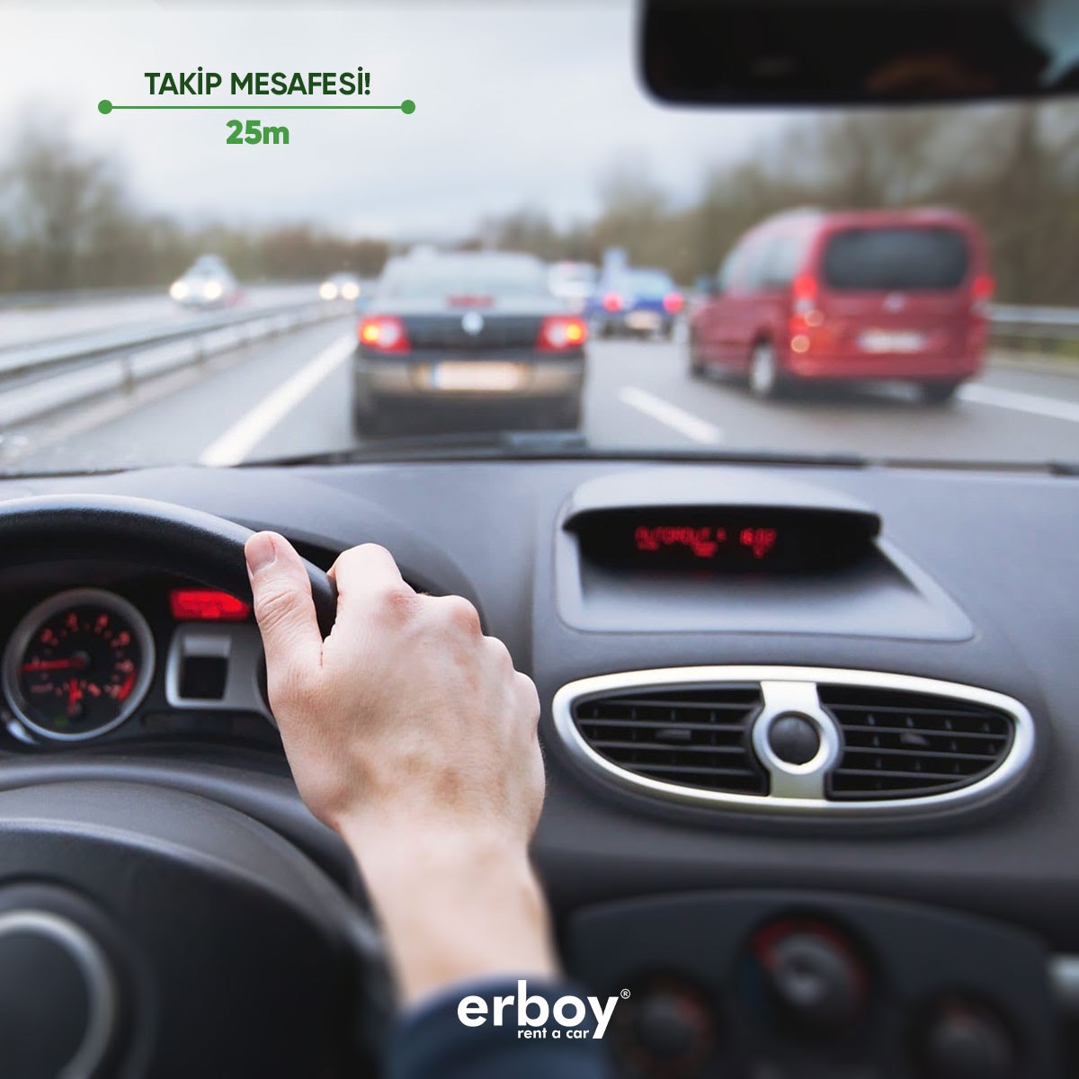 Öndeki aracın ani freni veya durması ile oluşabilecek kazaların önüne geçmek için araç takip mesafesini korumayı ihmal etmeyin. Araçlarınızın hızı saatte 50 km ise, takip mesafesi en az 25 metre olmalıdır.

#erboy #araçkiralama #kiralıkaraç #adnanmendereshavalimanı #havalimanı