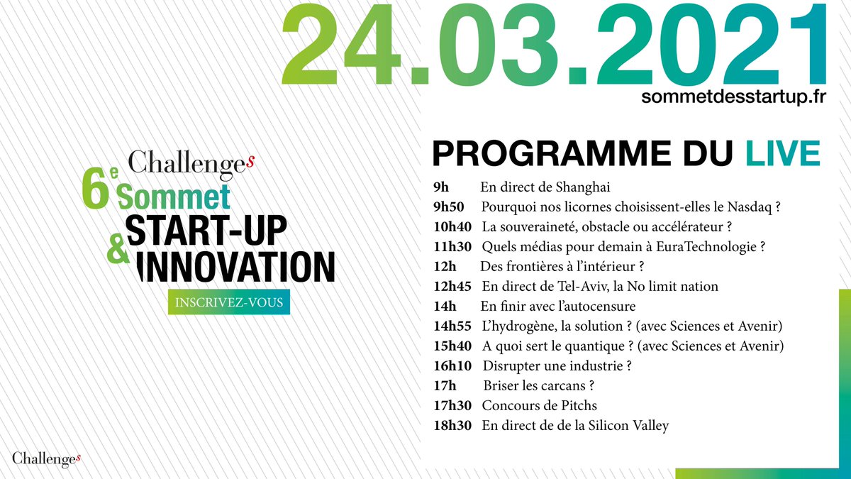 Challenges's tweet photo. 📣 Le 6e Sommet des #Startup et de l'#Innovation de Challenges commence dans une heure !

👉 Connectez-vous ici pour ne rater aucune table-ronde : https://t.co/up0bkj8i8z

#SommetStartUp #SSU #NoLimit https://t.co/KBQKwWVK7D