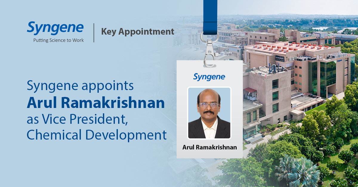SyngeneIntl's tweet photo. It gives us great pleasure to welcome Dr. Arul Ramakrishnan as the Vice President of our #ChemicalDevelopment operating unit in Syngene.
#KeyAppointment #Syngene #LifeatSyngene #CDMO #CMO #Biopharma https://t.co/tP1Q2lom4D