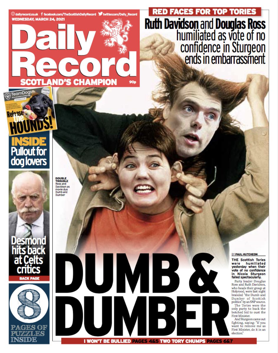 Angus Robertson on Twitter: "“Dumb and Dumber: Red faces for top Tories.  Ruth Davidson and Douglas Ross humiliated as vote of confidence in Sturgeon  ends in embarrassment”. Front page of today's @Daily_Record…