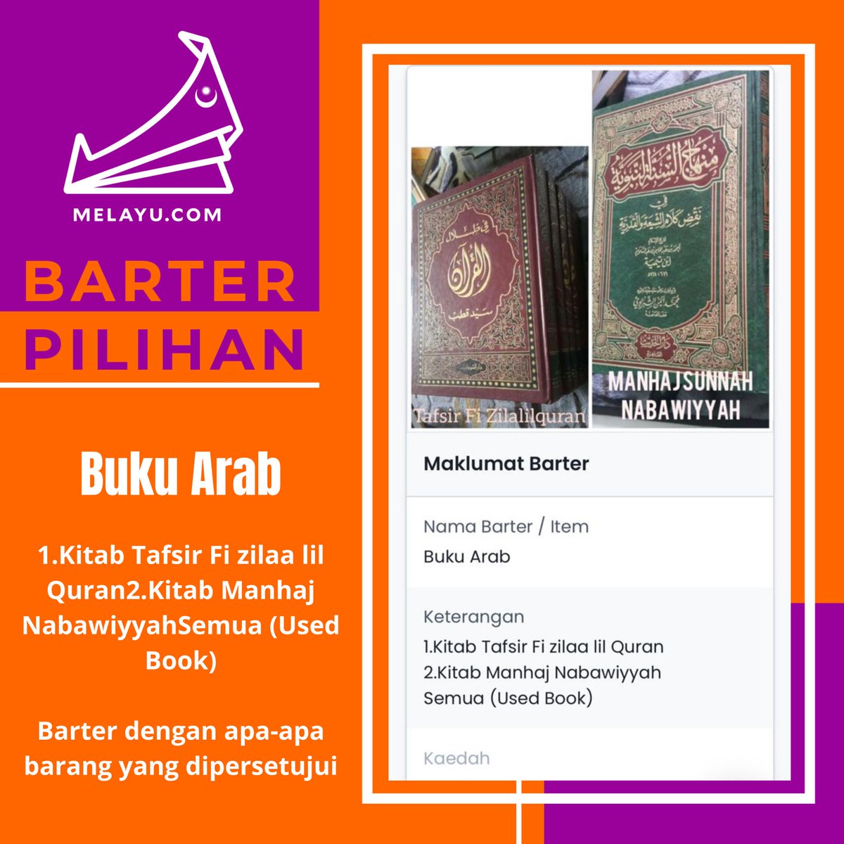melayucom's tweet photo. Projek Barter di https://t.co/6FAz6LnIdf kini dilancarkan. Objektif Barter adalah untuk menekankan amalan bersedekah ke arah masyarakat prihatin. 

Anda mempunyai masalah seperti berikut? 
🔴 Barang masih elok tetapi sayang nak buang https://t.co/OKui1r9K1i