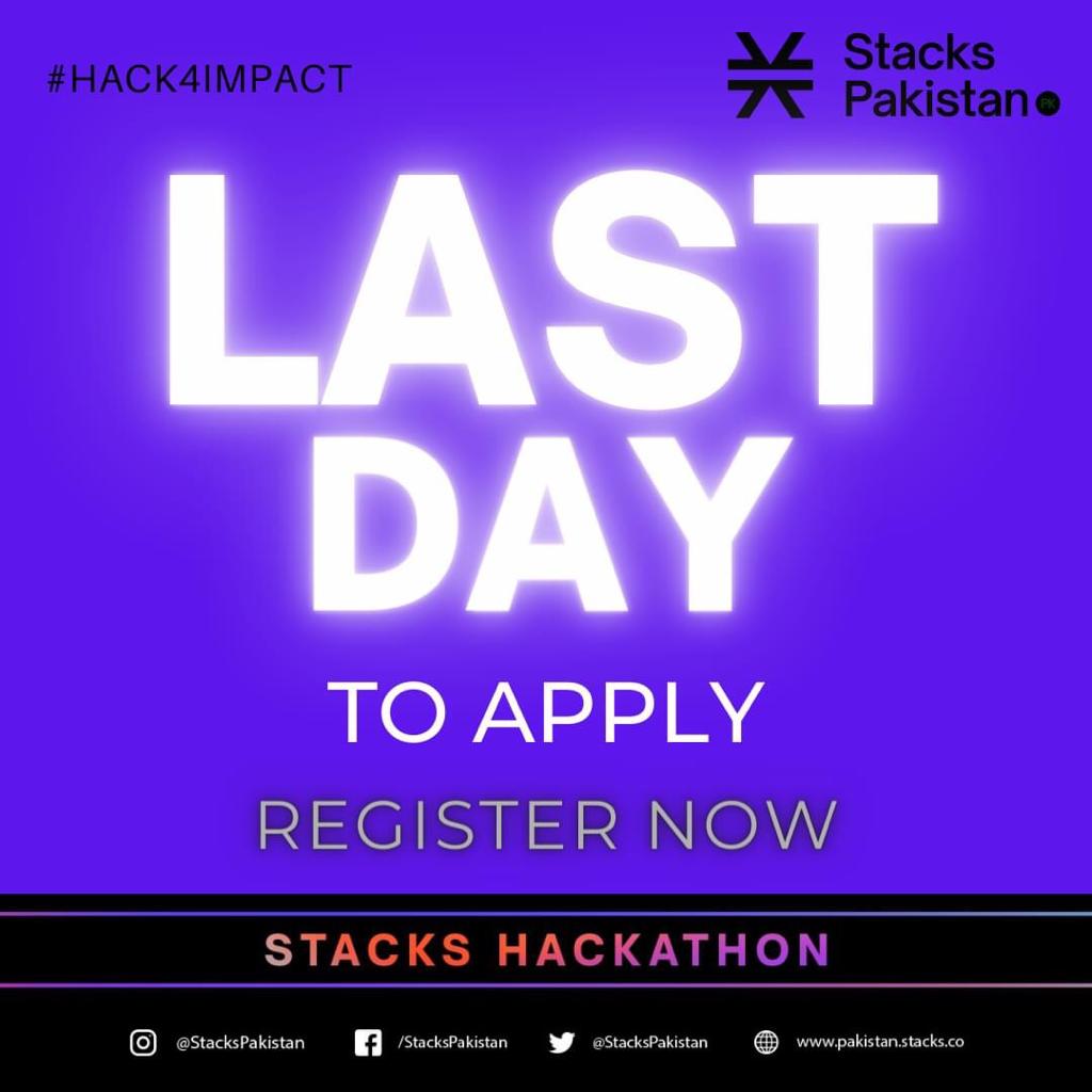 StacksPakistan's tweet photo. Don't miss out on your chance to becoming a part of global blockchain network of developers and winning up to $300 (1st prize $300; 2nd peize $200)!
Deadline for application submission: 11.59 PM
#StacksPakistan #hack4impact #StacksHackathon #OwnYourInternet https://t.co/Dz5frELbHu