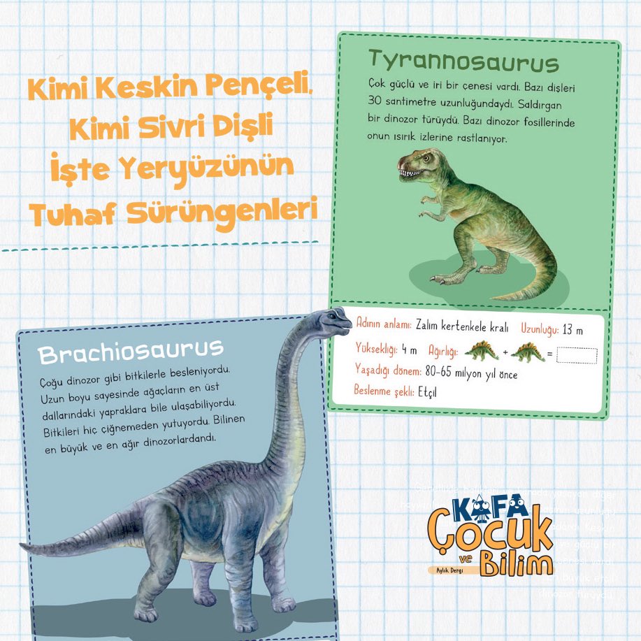 kafacocukbilim's tweet photo. Yeryüzünün tuhaf sürüngenleri: Dinozorlar! KAFA Çocuk ve Bilim’in Mart-Nisan sayısında dinozorları daha yakından tanıyabileceğin yazımızı okumayı unutma! #kafaçocukvebilim #fosiller #fosilbilim #dinozorlarzamanı https://t.co/2fBIQJM5LV