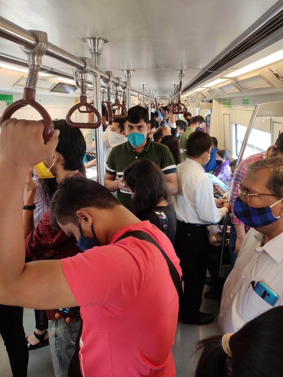 varunsavs's tweet photo. @OfficialDMRC Too much crowd at Vaishali metro station in morning. No proper sanitization, people not following social distancing, insisting to sit on ❌marked seats. Request to deploy some officials to maintain the rules. #COVIDIsntOverYet https://t.co/tVz0Ljmxnp