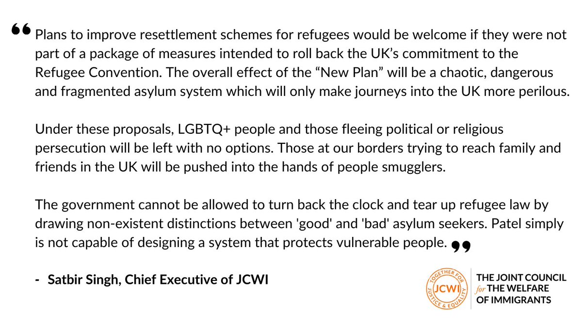 JCWI_UK's tweet photo. Priti Patel's latest asylum plans will push more people into dangerous journeys. Many fleeing persecution will be totally left out of resettlement routes.

Our explainer https://t.co/OrcRdFSdoU

Govt cannot be allowed to tear up refugee law + turn its back on vulnerable people. https://t.co/3GqR3i485w