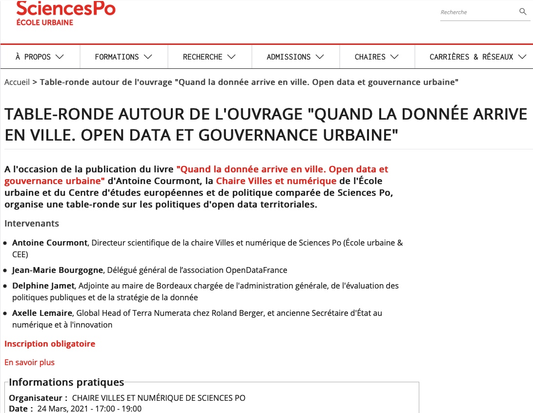 "Quand la donnée arrive en ville" : les données sont-elles des objets politiques qui redéfinissent la gouvernance urbaine ? (la réponse dans la question ;-)
Conférence ce soir 17h avec Antoine Courmont 
Inscriptions > sciencespo.fr/ecole-urbaine/…
<a href="/sciencespo/">Sciences Po</a> <a href="/SciencesPo_CEE/">CEE, Sciences Po/CNRS</a> #opendata